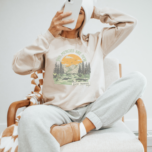New Mercies: Bible Verse Outdoorsy Crewneck